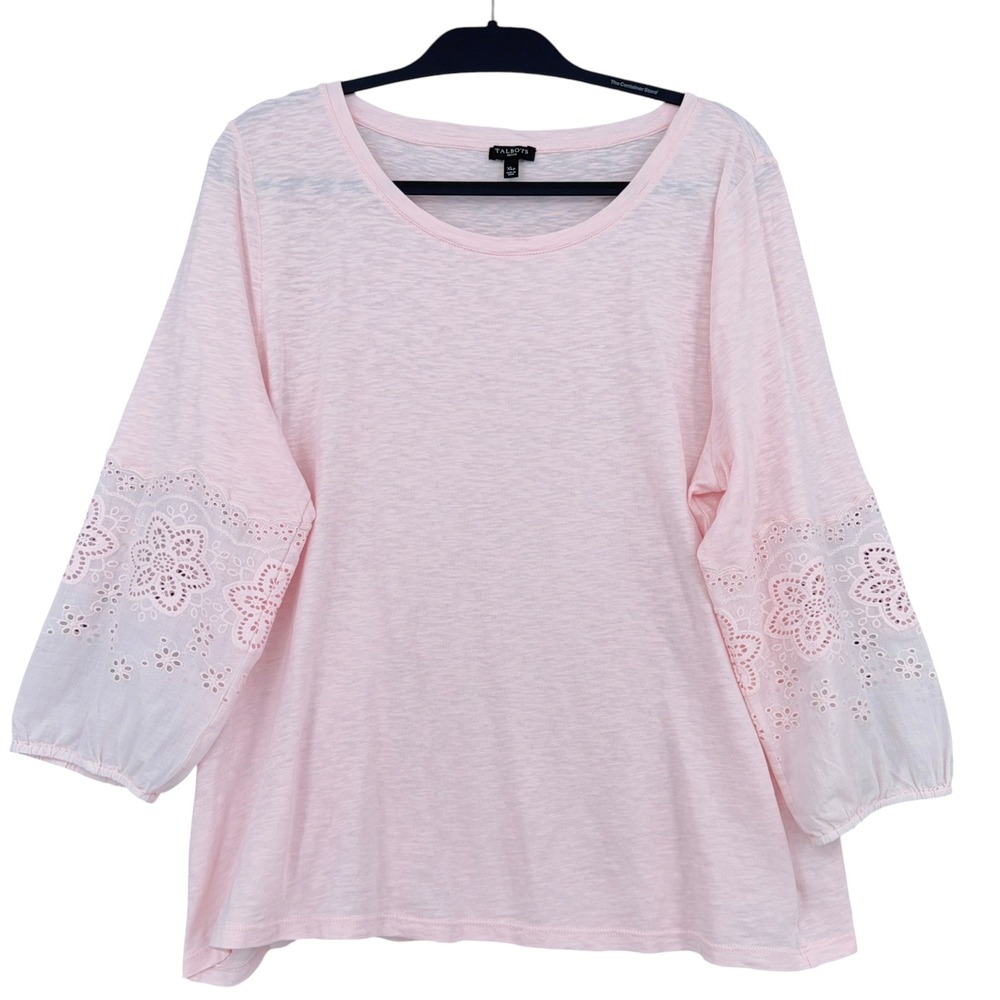 Talbots Eyelet Sleeve Top Women XLp 100% Cotton Pink Slub Pullover